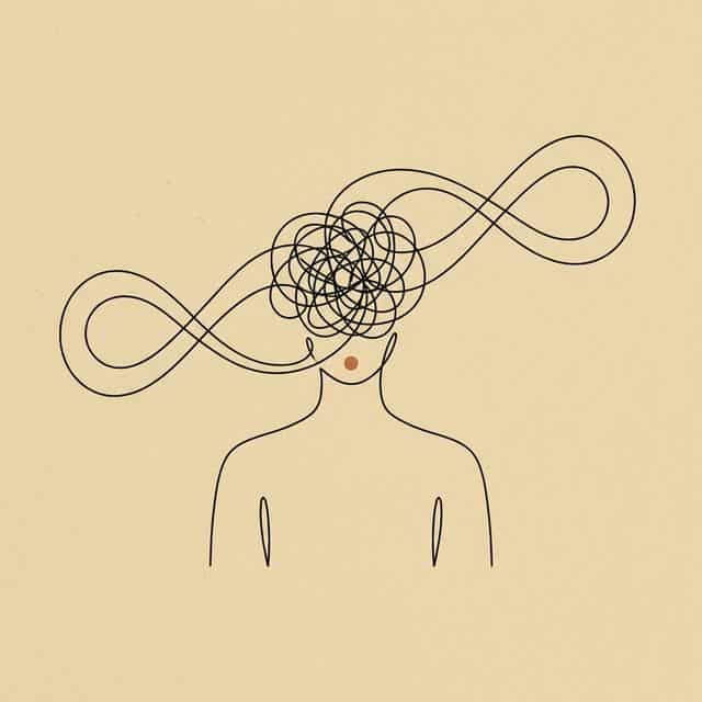 A figure with tangled mind merging with infinity loops