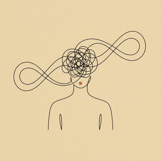 A figure with tangled mind merging with infinity loops