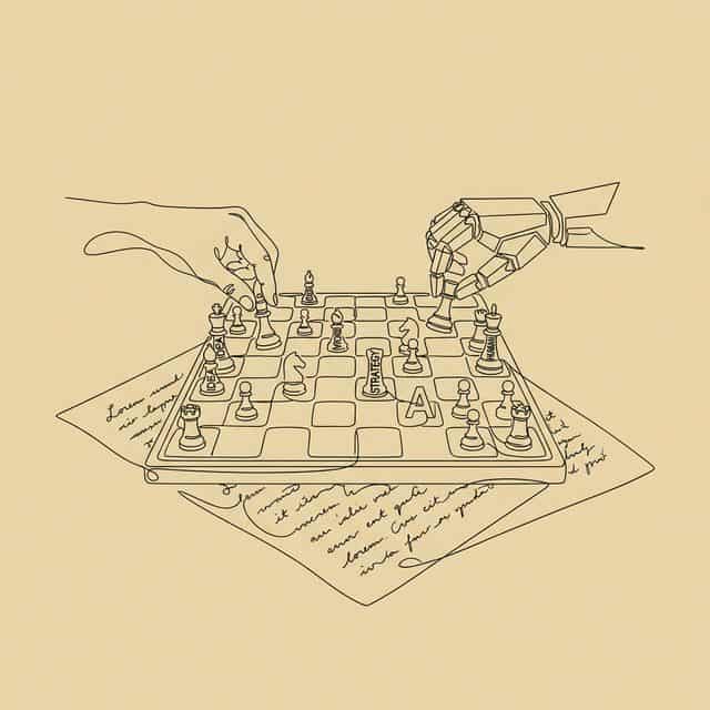 Chess board with organic human pieces versus geometric AI pieces