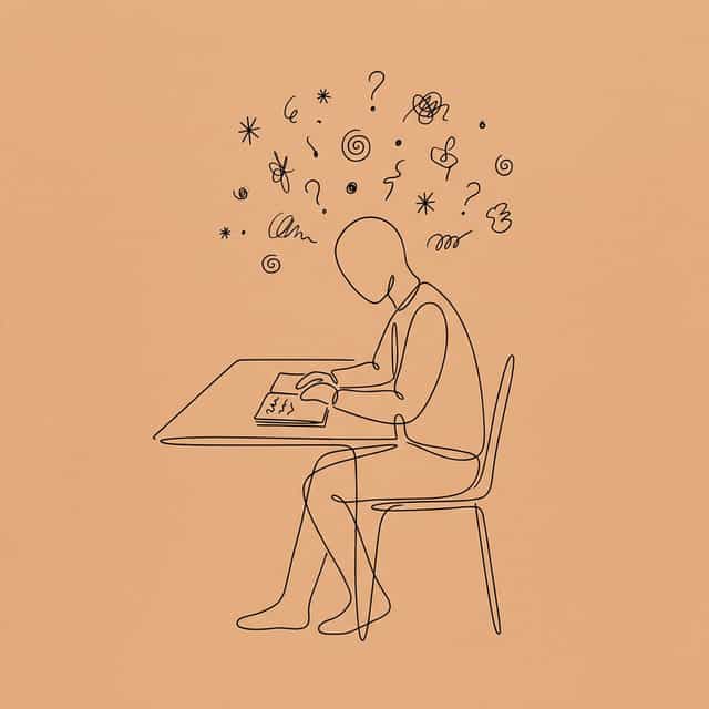 A solitary figure at a desk with a notebook, surrounded by free-floating thoughts